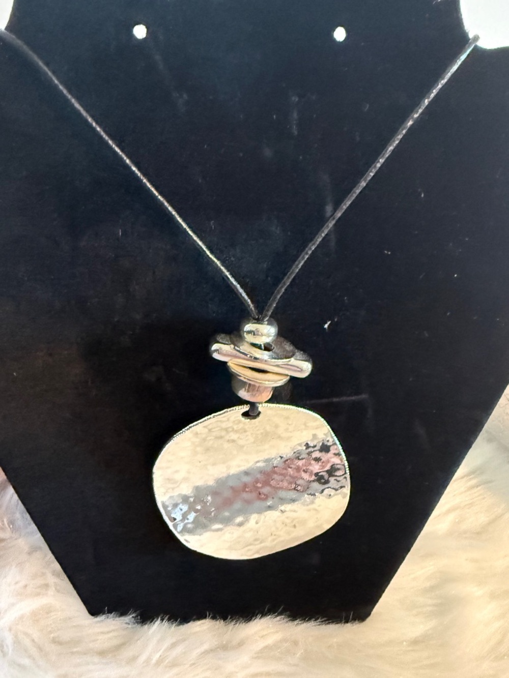 Chico’s Hammered Silver Pendant Necklace on Black Cord